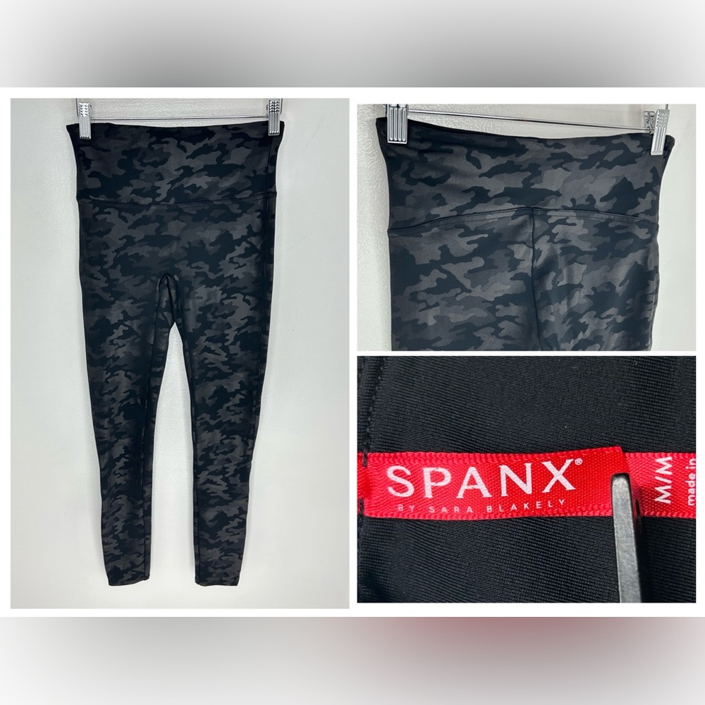 Spanx‎ Black Camo Faux Leather Leggings Size Medium Smooth Shape Sculpt Ankle